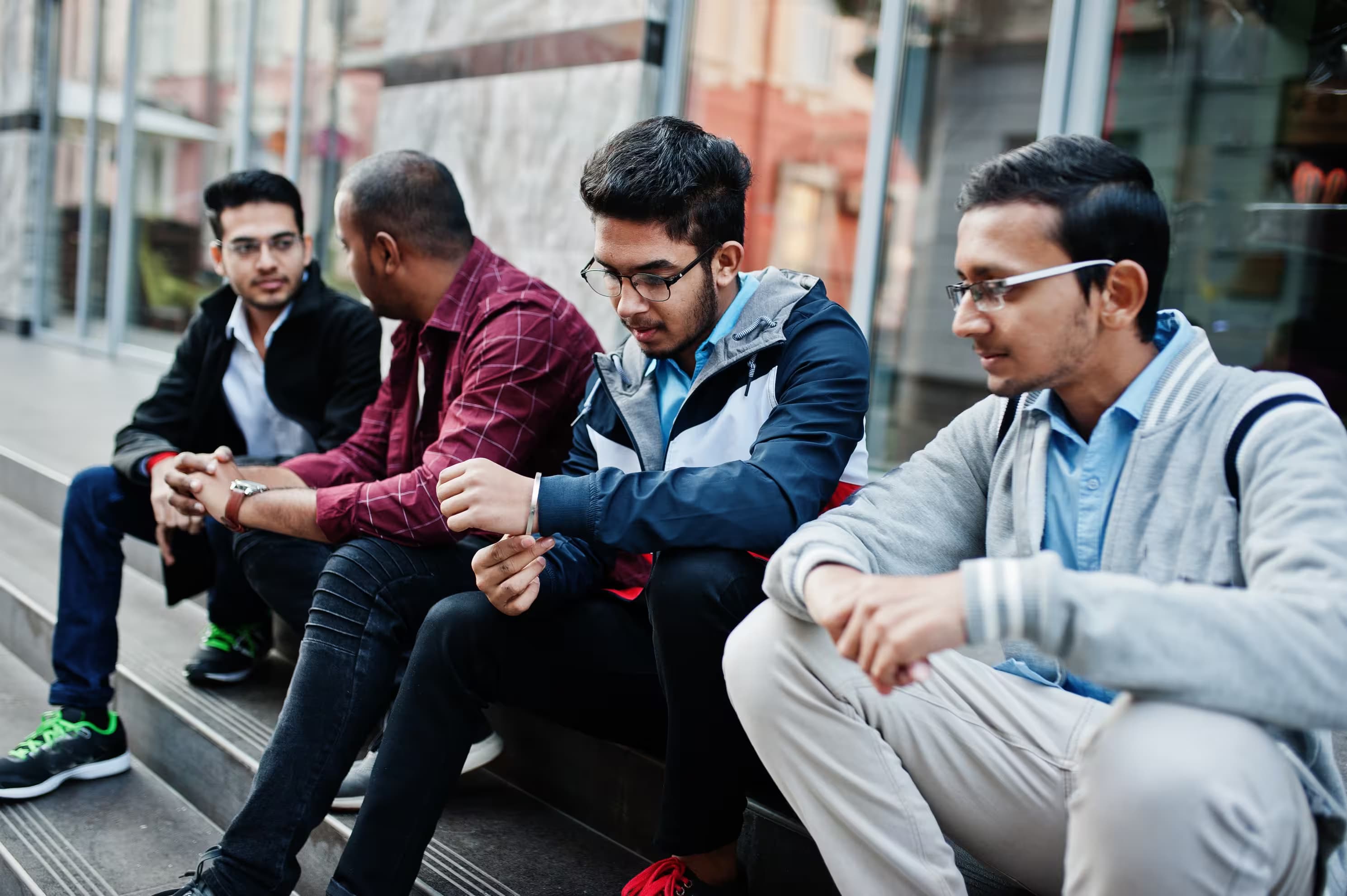 Students together on campus steps